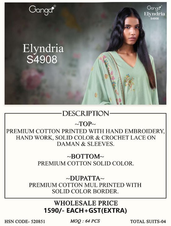 Ganga Fashion Elyndria 4908 Premium Cotton Embroidered Salwar Suit - Amrah Wholesale