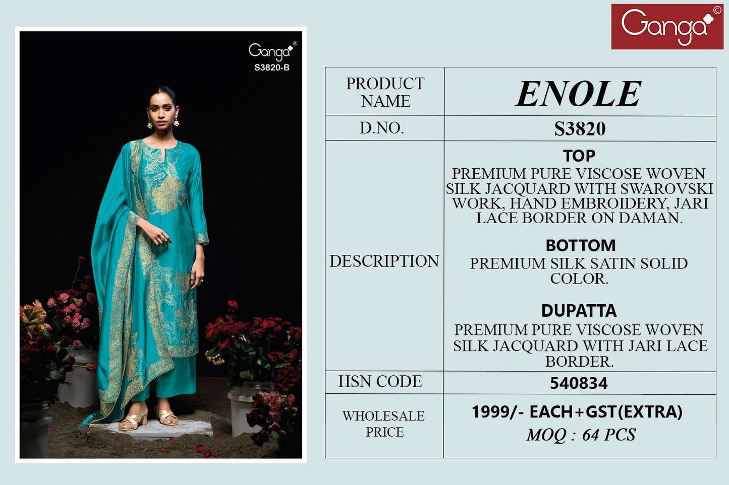 Ganga Fashion Enole 3820 Pure Viscose Woven Silk Jacquard Designer Dress Material