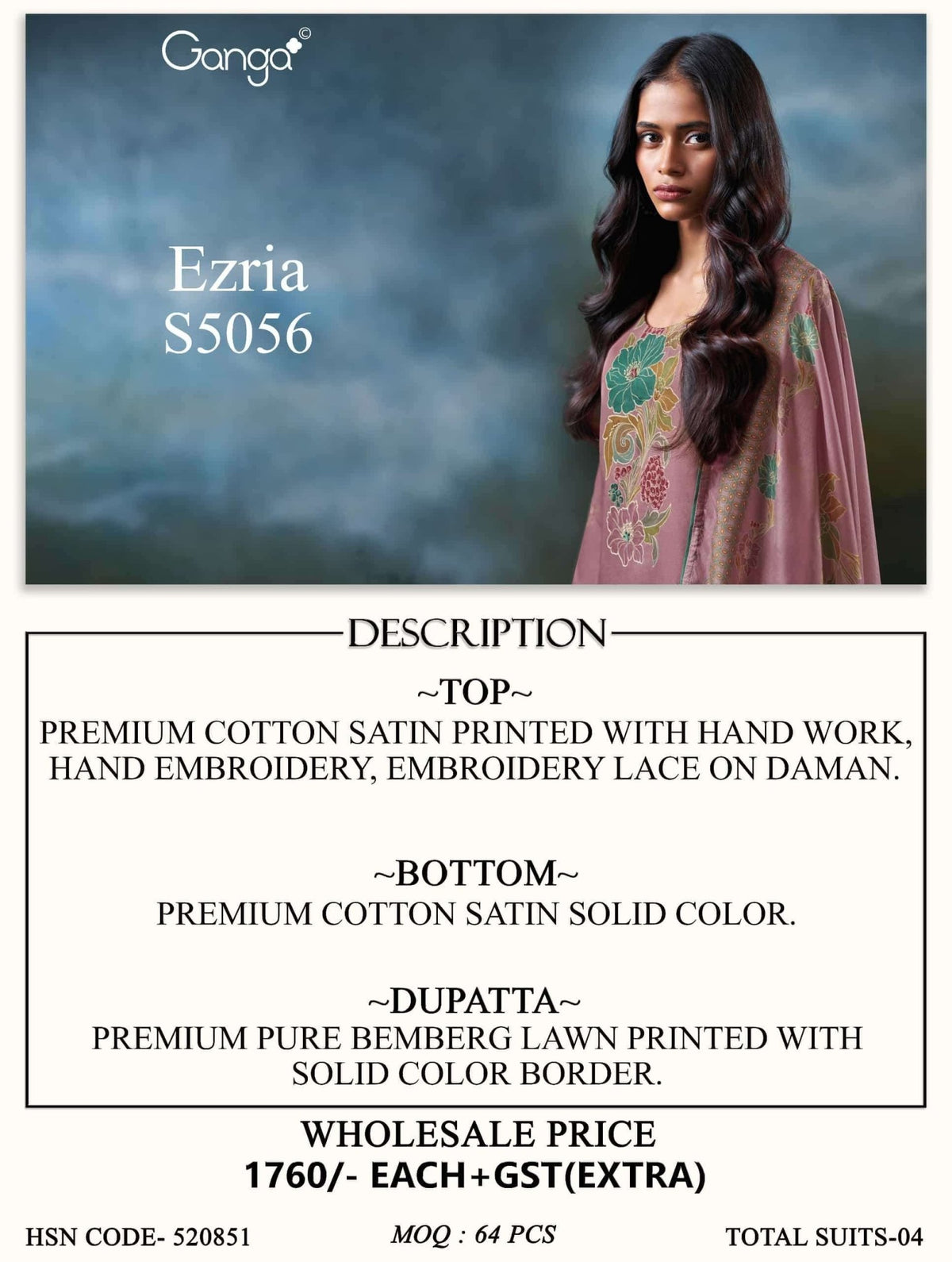 Ganga Fashion Ezira 5056 Premium Cotton Satin Dress Material - Amrah Wholesale