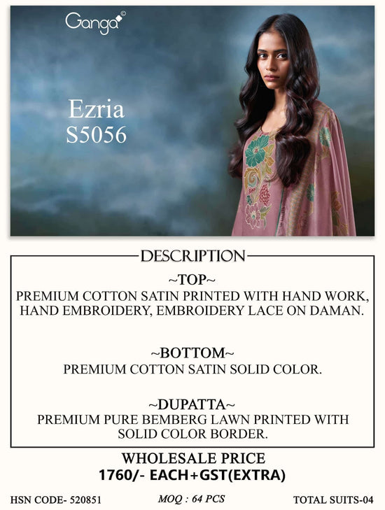 Ganga Fashion Ezira 5056 Premium Cotton Satin Dress Material - Amrah Wholesale