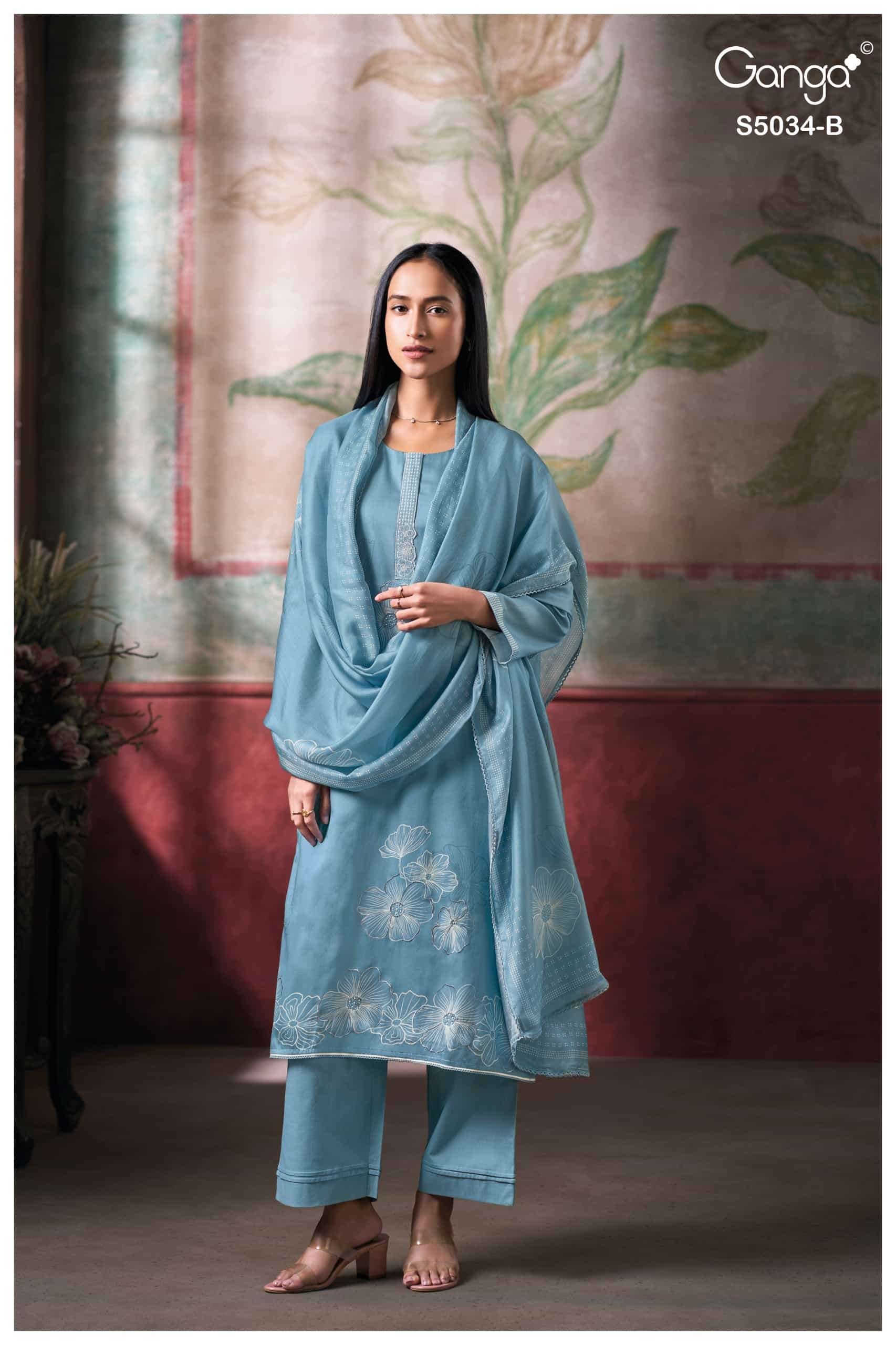 Ganga Fashion Fenyra 5034 Premium Cotton Satin Embroidered Dress Material