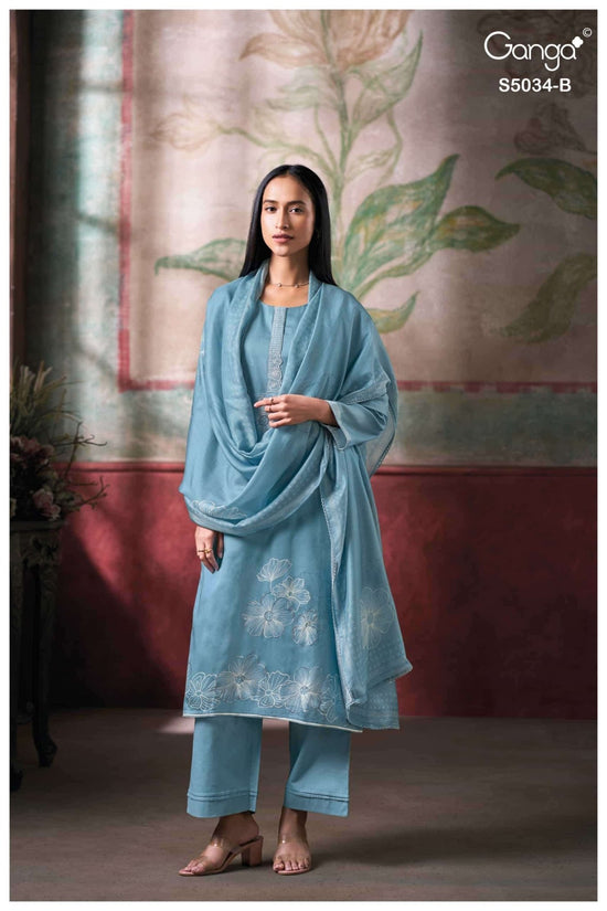 Ganga Fashion Fenyra 5034 Premium Cotton Satin Embroidered Dress Material - Amrah Wholesale