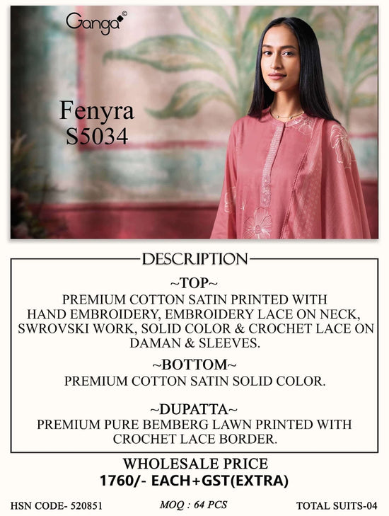 Ganga Fashion Fenyra 5034 Premium Cotton Satin Embroidered Dress Material - Amrah Wholesale