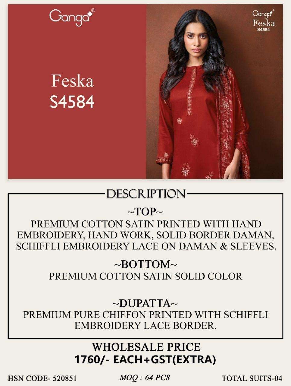 Ganga Fashion Feska 4584 Cotton Satin Embroidered Dress Material