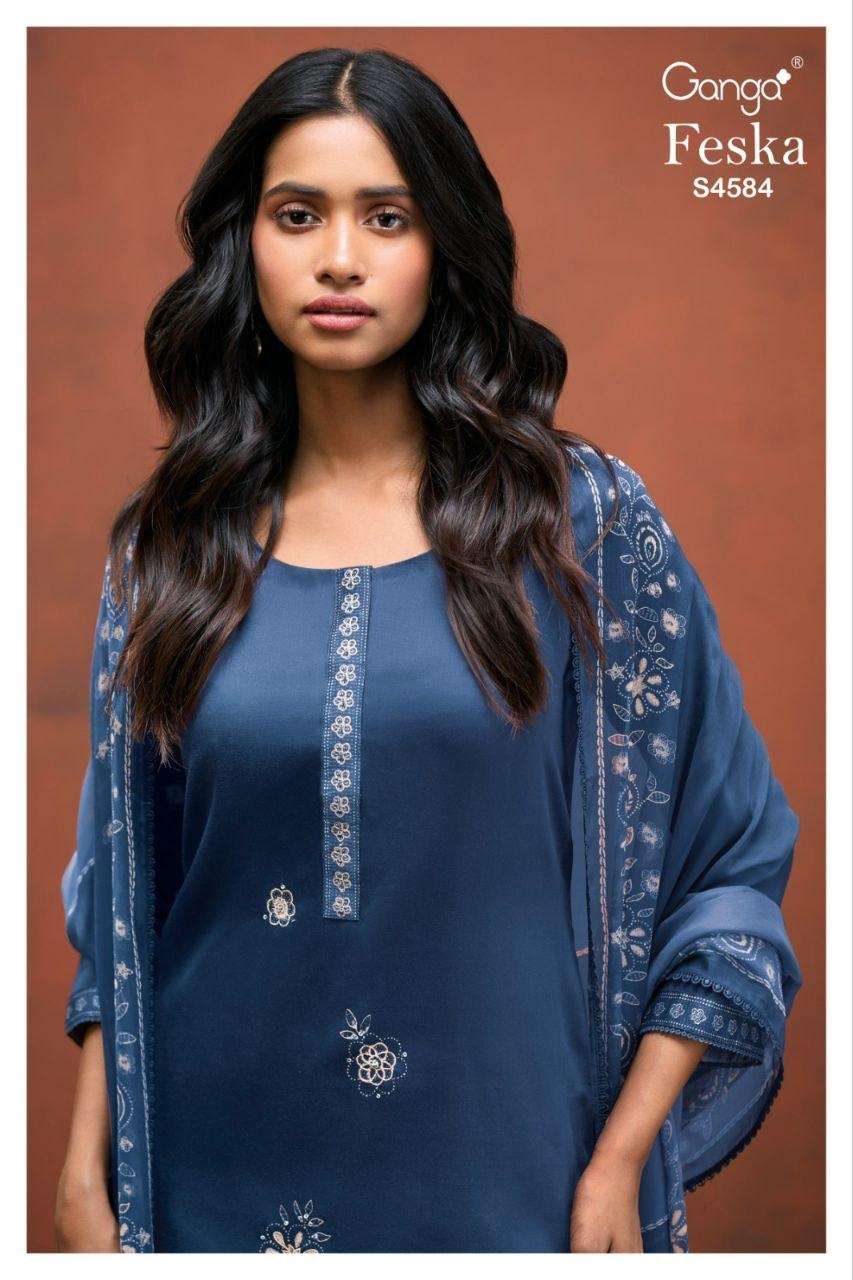 Ganga Fashion Feska 4584 Cotton Satin Embroidered Dress Material