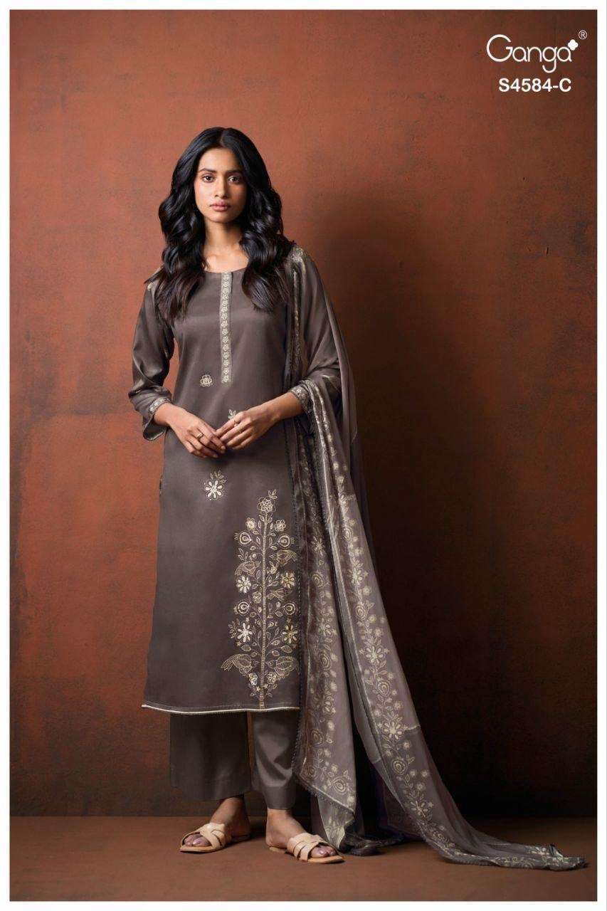 Ganga Fashion Feska 4584 Cotton Satin Embroidered Dress Material