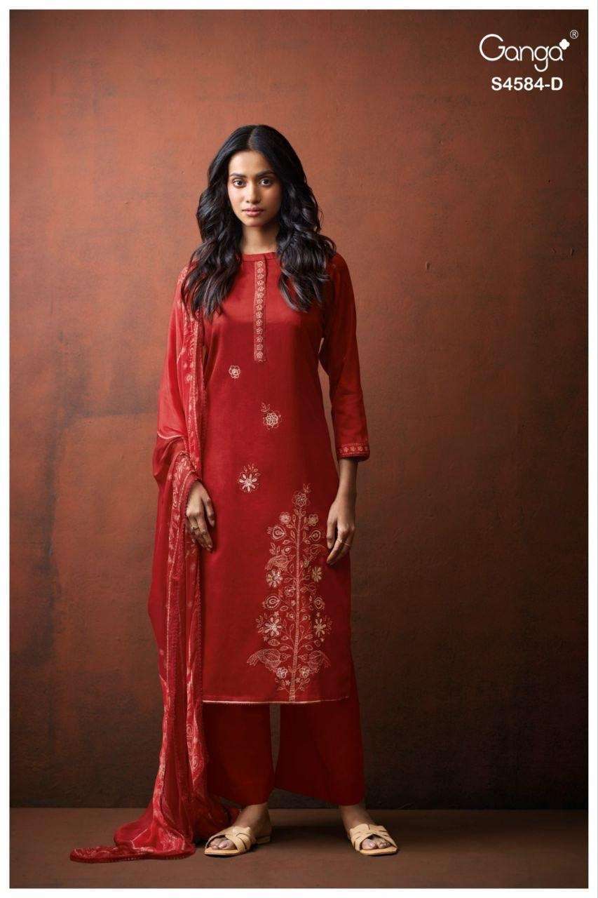 Ganga Fashion Feska 4584 Cotton Satin Embroidered Dress Material