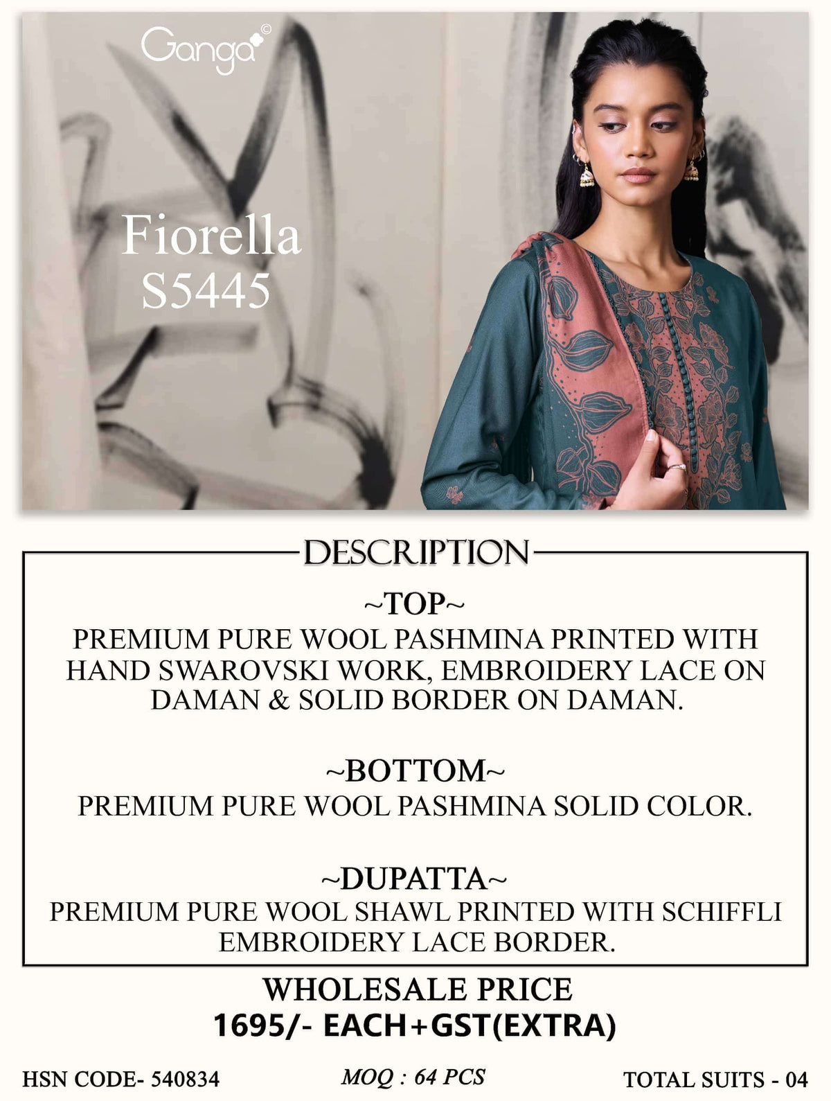 Ganga Fashion Fiorella Pure Wool Pashmina Printed Hand Swarovski Unstitched Dress Material