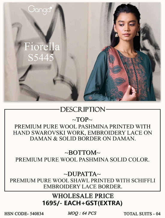 Ganga Fashion Fiorella Pure Wool Pashmina Printed Hand Swarovski Unstitched Dress Material