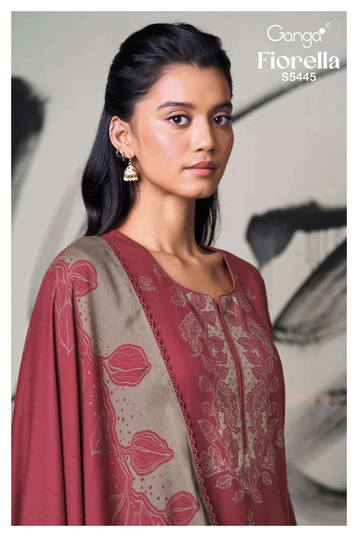 Ganga Fashion Fiorella Pure Wool Pashmina Printed Hand Swarovski Unstitched Dress Material