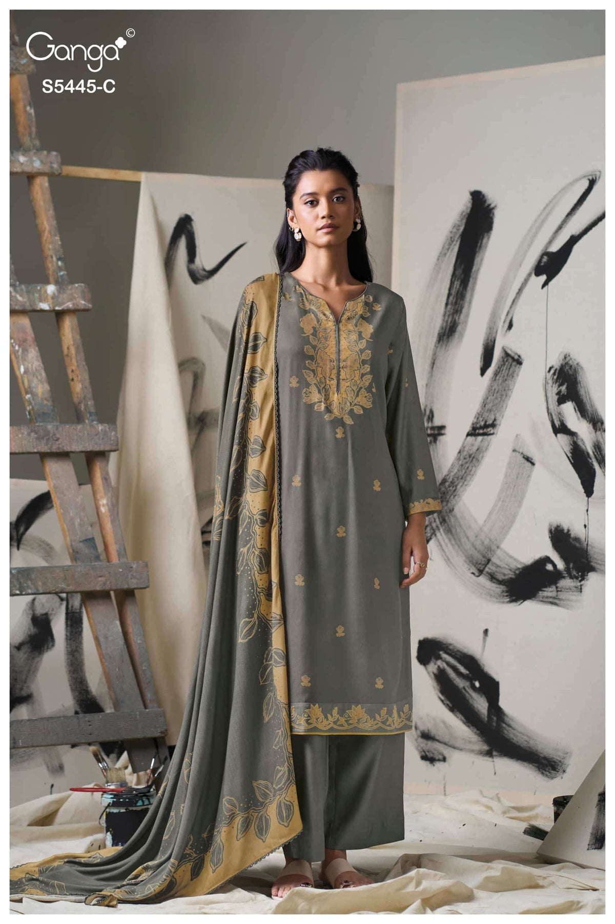 Ganga Fashion Fiorella Pure Wool Pashmina Printed Hand Swarovski Unstitched Dress Material