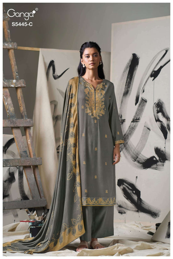 Ganga Fashion Fiorella Pure Wool Pashmina Printed Hand Swarovski Unstitched Dress Material