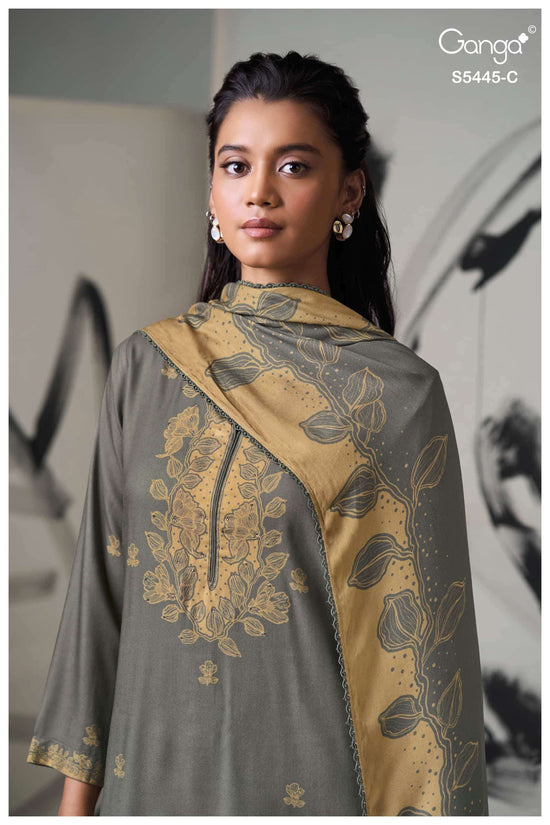 Ganga Fashion Fiorella Pure Wool Pashmina Printed Hand Swarovski Unstitched Dress Material