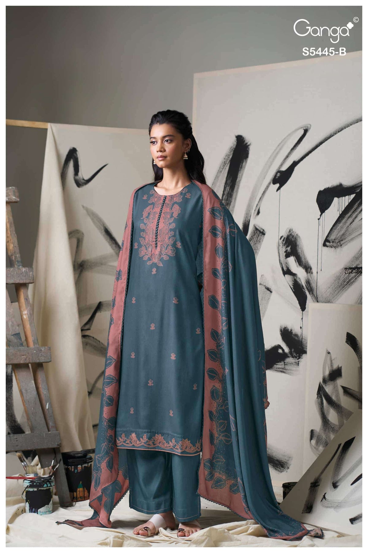 Ganga Fashion Fiorella Pure Wool Pashmina Printed Hand Swarovski Unstitched Dress Material