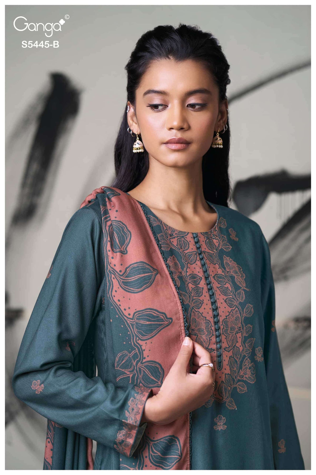 Ganga Fashion Fiorella Pure Wool Pashmina Printed Hand Swarovski Unstitched Dress Material
