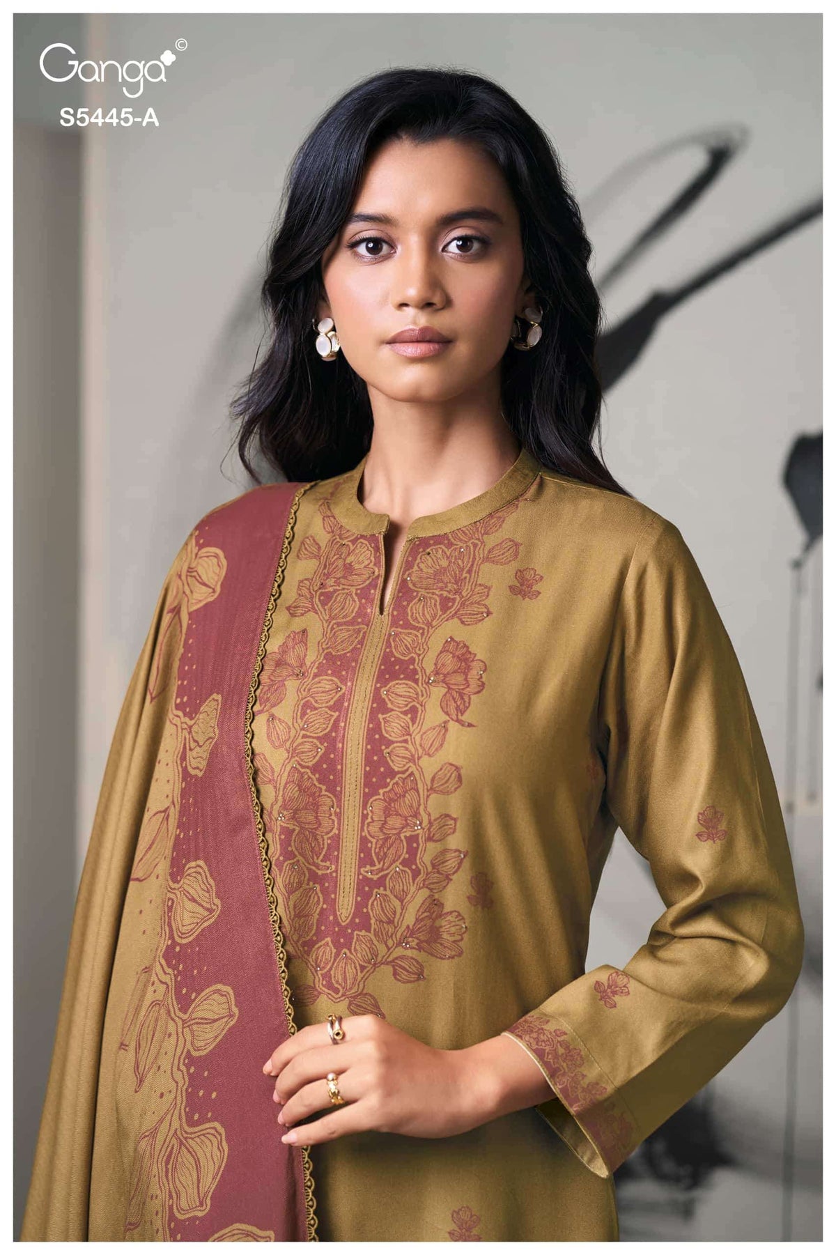 Ganga Fashion Fiorella Pure Wool Pashmina Printed Hand Swarovski Unstitched Dress Material