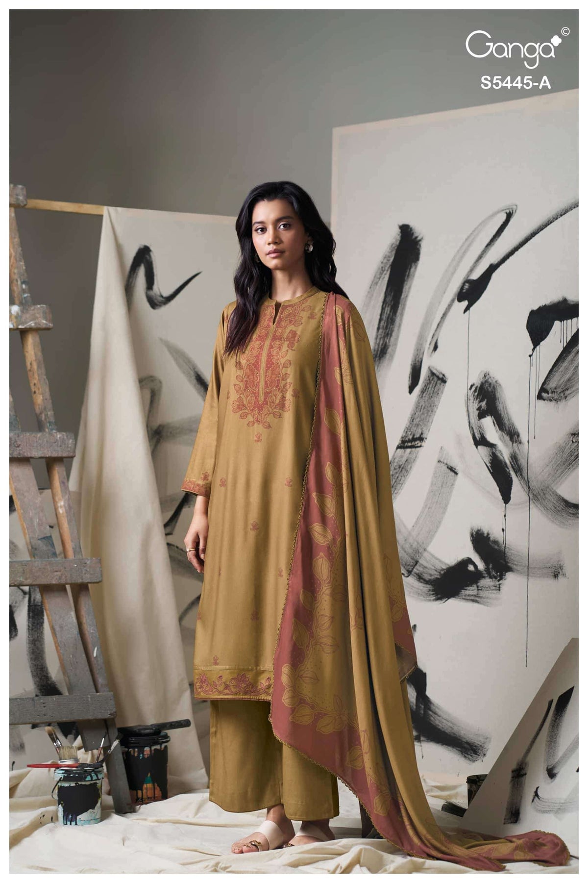 Ganga Fashion Fiorella Pure Wool Pashmina Printed Hand Swarovski Unstitched Dress Material