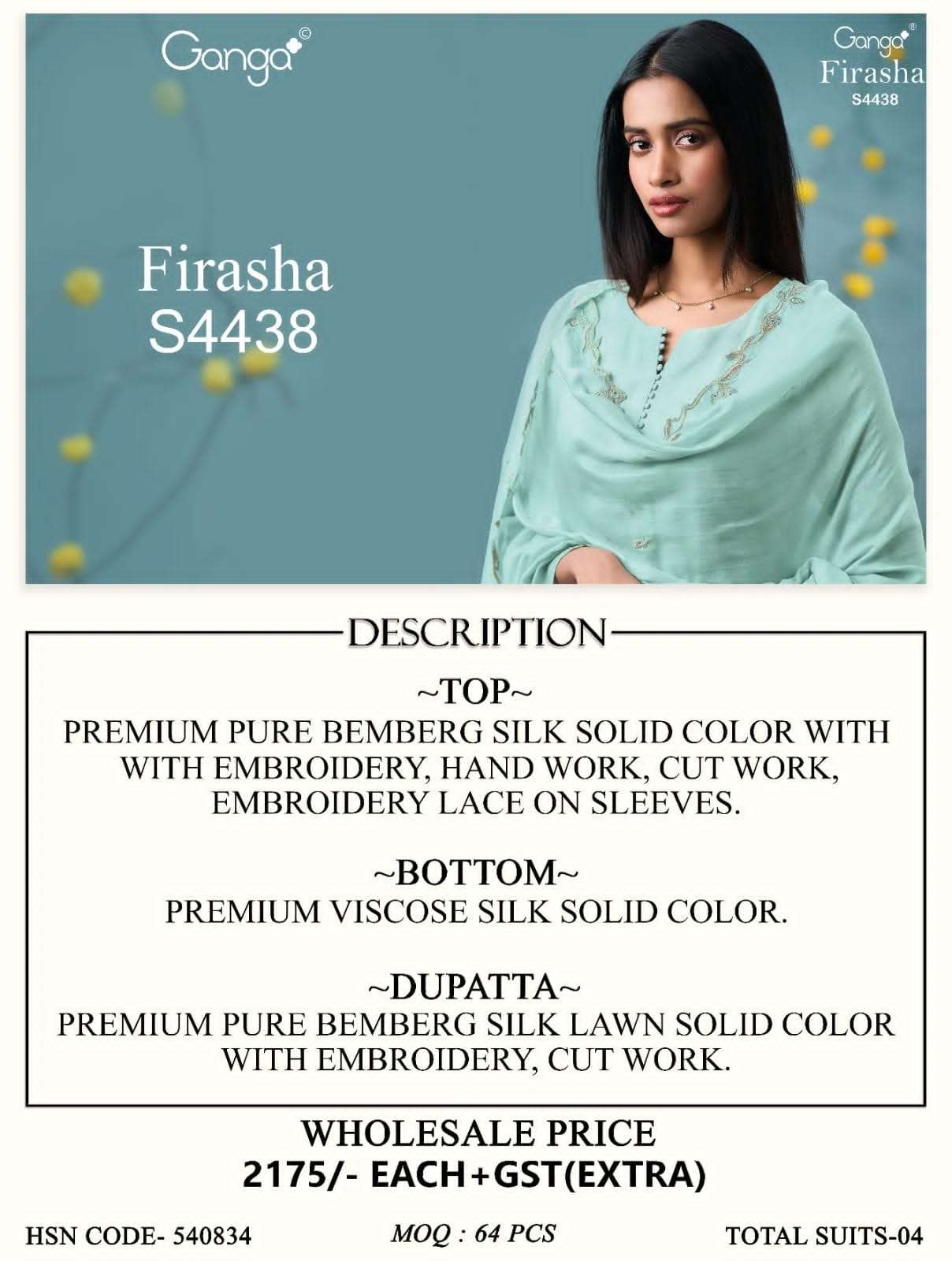 Ganga Fashion Firasha 4438 Pure Bemberg Silk Designer Dress Material
