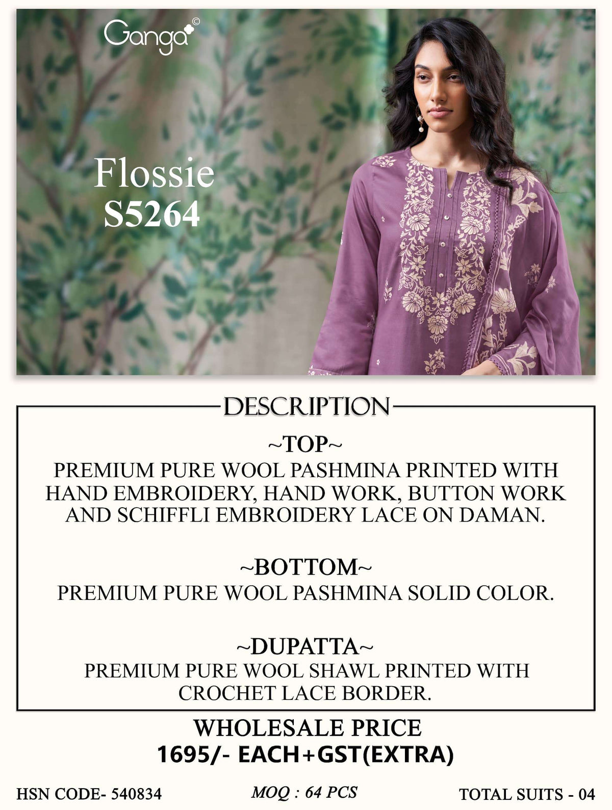 Ganga Fashion Flossie 5264 Pure Wool Pashmina Dress Material