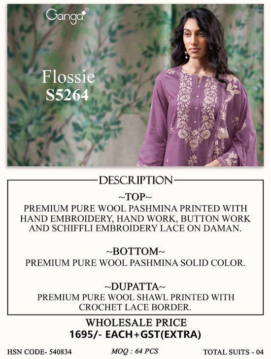 Ganga Fashion Flossie 5264 Pure Wool Pashmina Dress Material