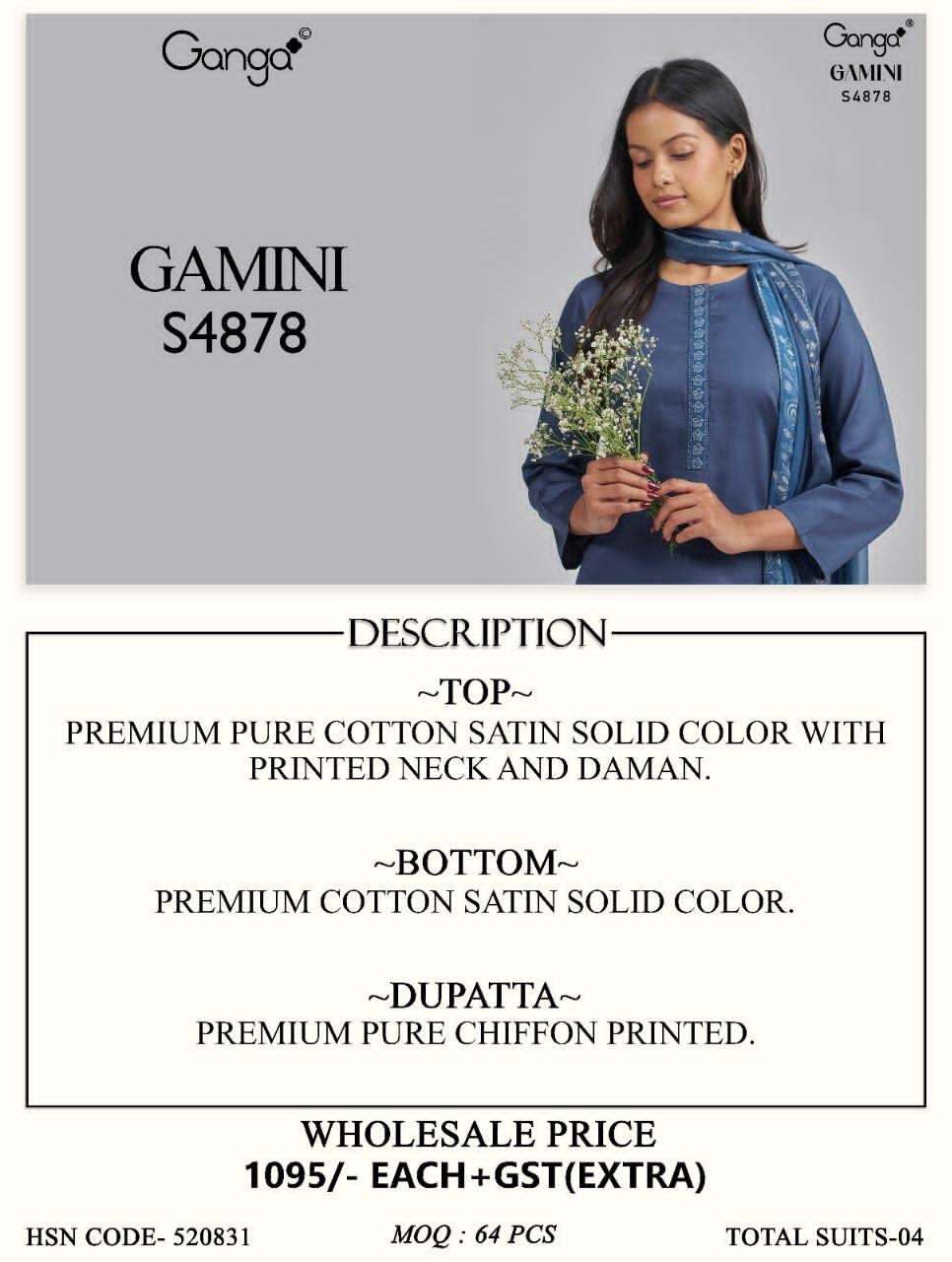Ganga Fashion Gamini 4878 Pure Cotton Satin Dress Material - Amrah Wholesale
