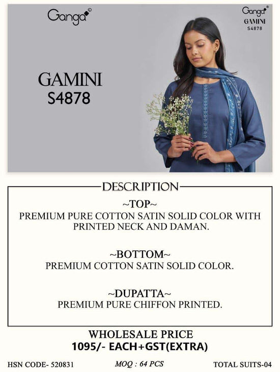 Ganga Fashion Gamini 4878 Pure Cotton Satin Dress Material - Amrah Wholesale