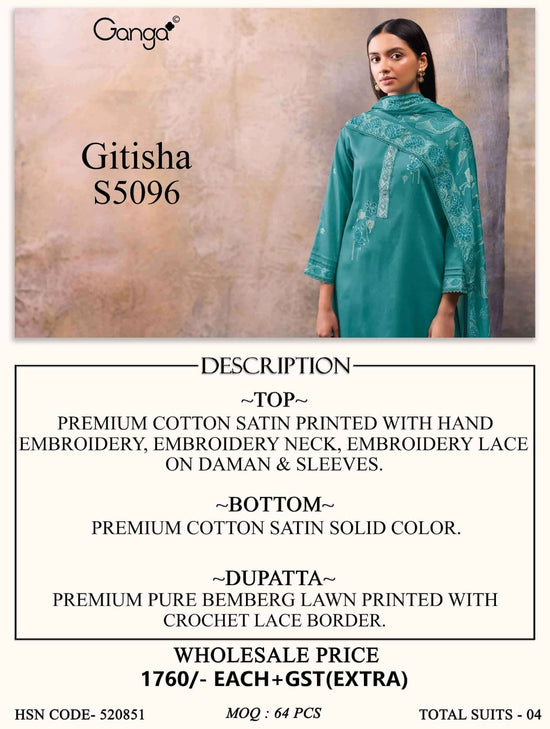 Ganga Fashion Gitisha 5096 Premium Cotton Satin Dress Material - Amrah Wholesale