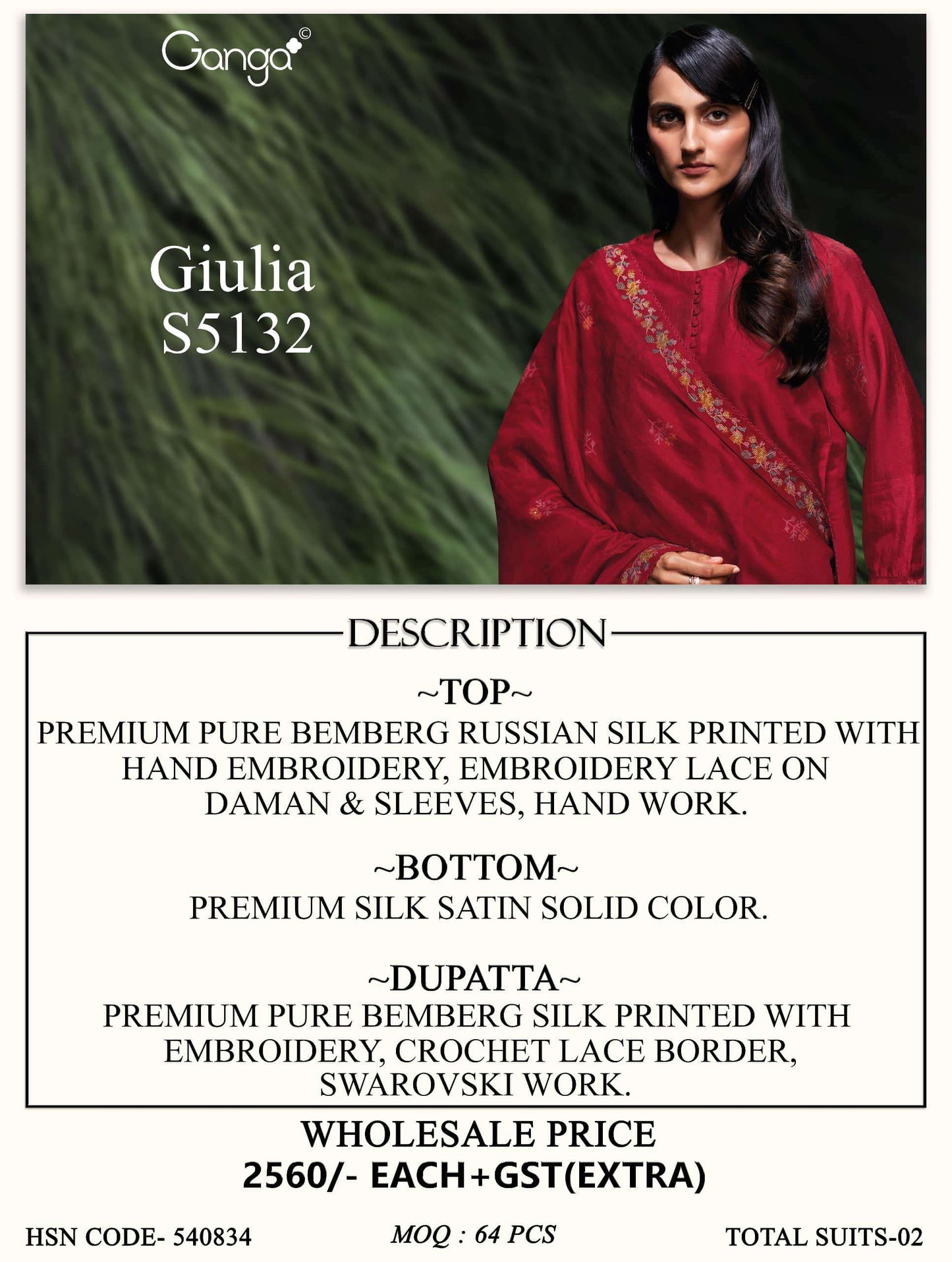Ganga Fashion Giulia 5132 Premium Pure Bemberg Russian Silk Dress Material