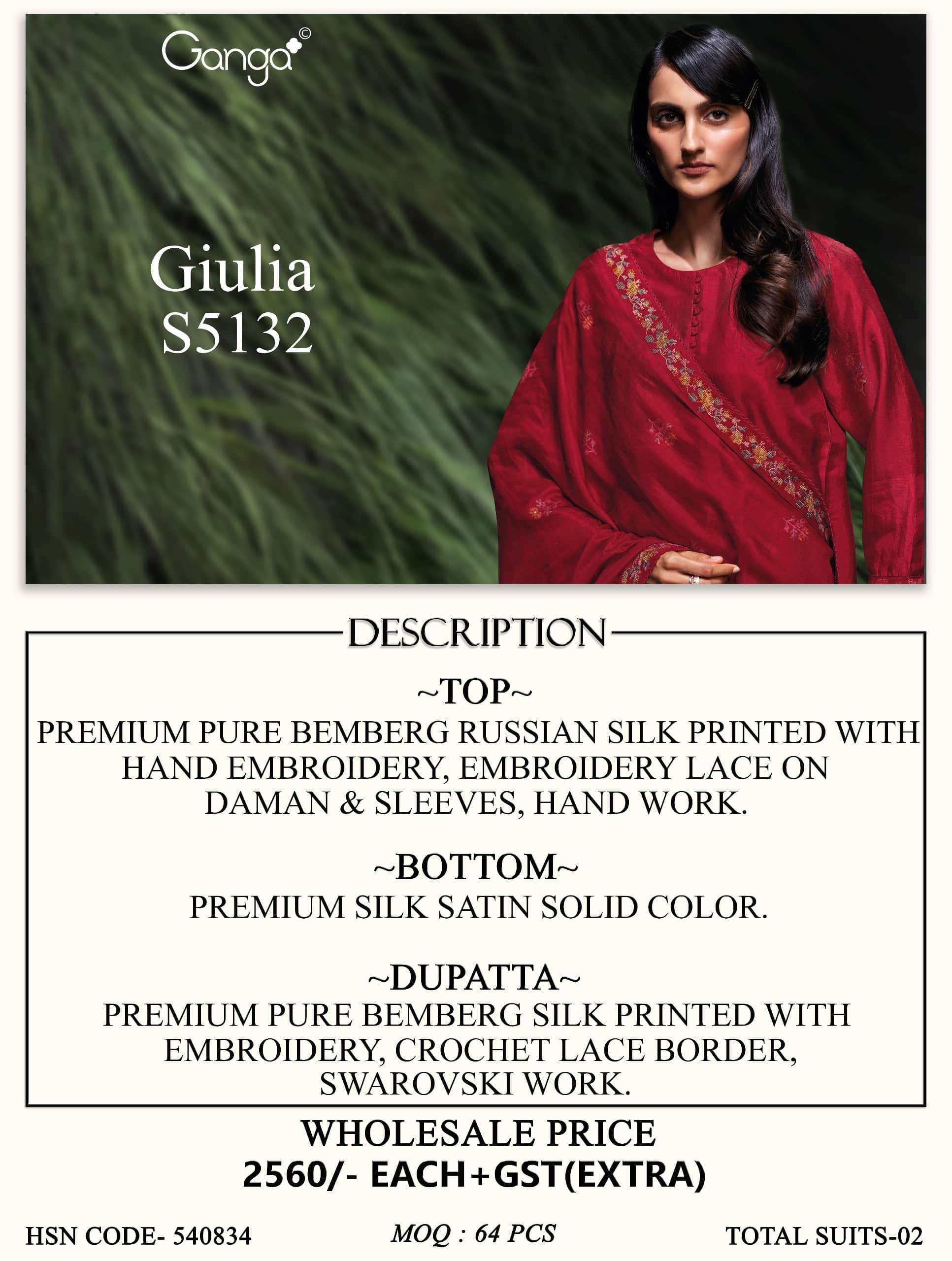 Ganga Fashion Giulia 5132 Premium Pure Bemberg Russian Silk Dress Material