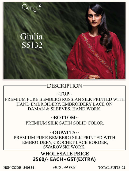 Ganga Fashion Giulia 5132 Premium Pure Bemberg Russian Silk Dress Material