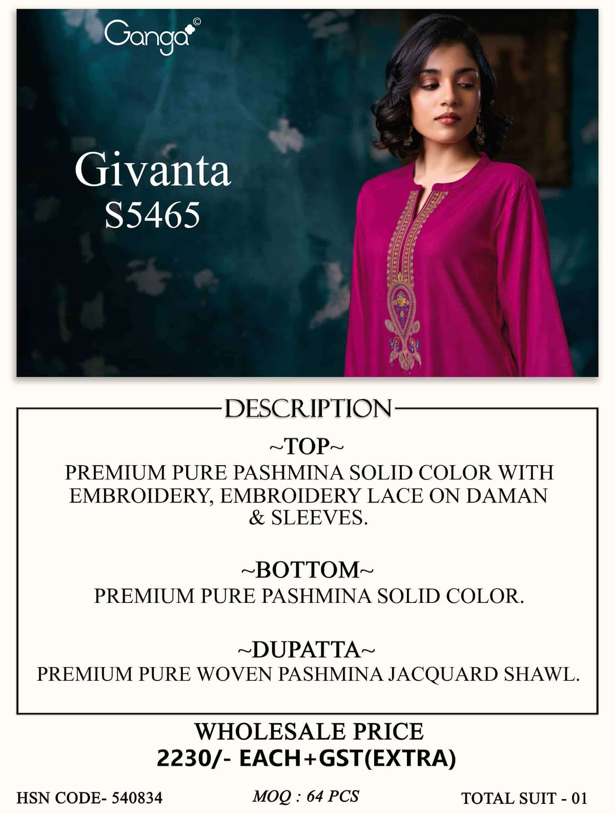 Ganga Fashion Givanta 5465 Pure Pashmina Embroidered Dress Material