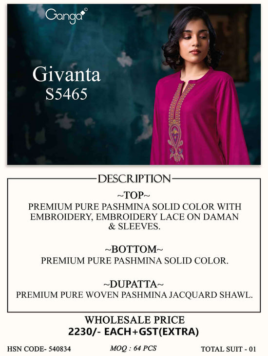 Ganga Fashion Givanta 5465 Pure Pashmina Embroidered Dress Material