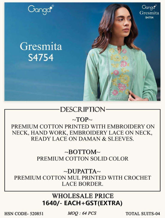 Ganga Fashion Gresmita 4754 Premium Cotton Pakistani Suit - Amrah Wholesale