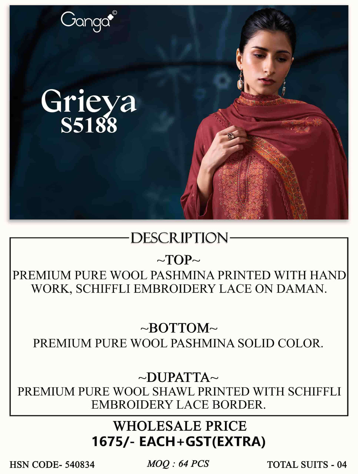 Ganga Fashion Grieya 5188 Pure Wool Pashmina Dress Material