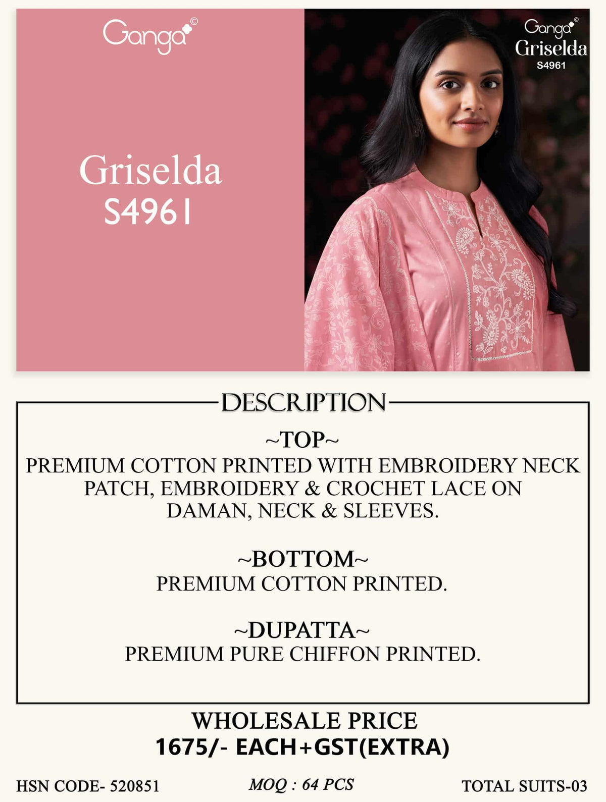 Ganga Fashion Griselda 4961 Premium Cotton Embroidered Dress Material