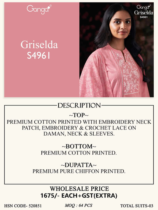 Ganga Fashion Griselda 4961 Premium Cotton Embroidered Dress Material