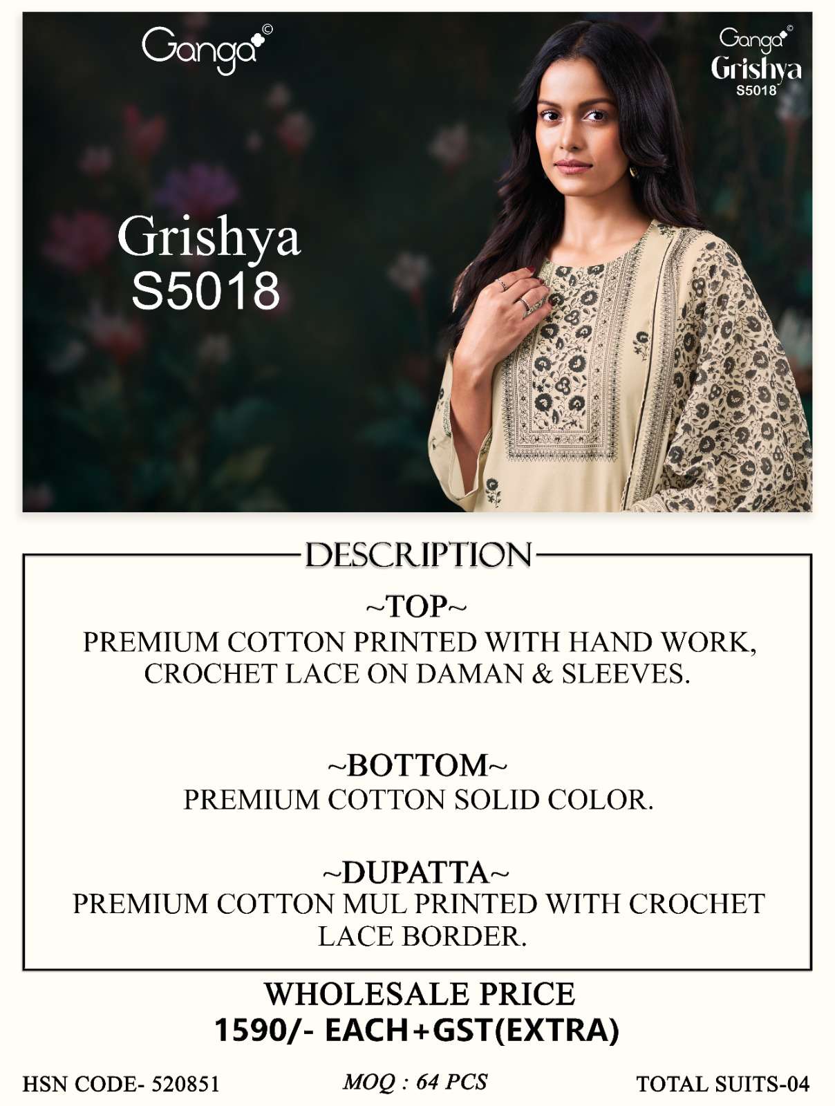 Ganga Fashion Grishya 5018 Premium Cotton Handwork Designer Dress Material - Amrah Wholesale