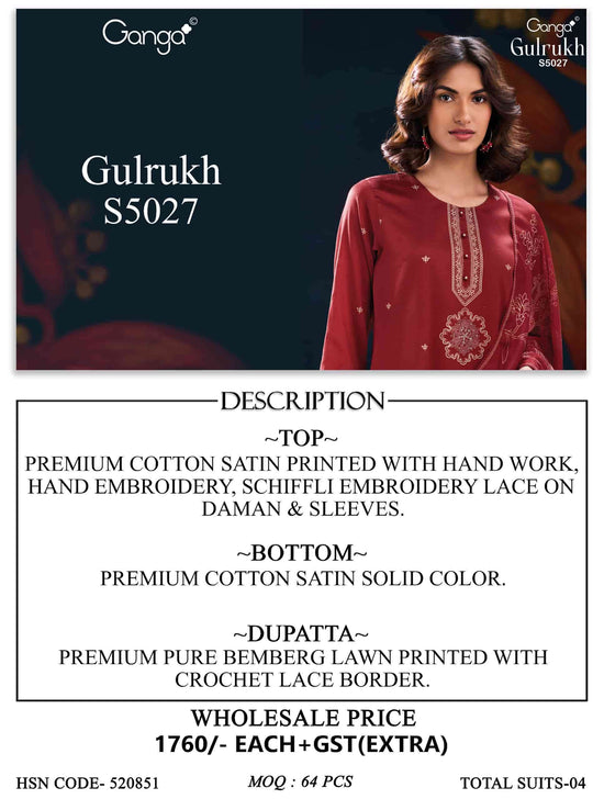 Ganga Fashion Gulrukh 5027 Premium Cotton Satin Dress Material