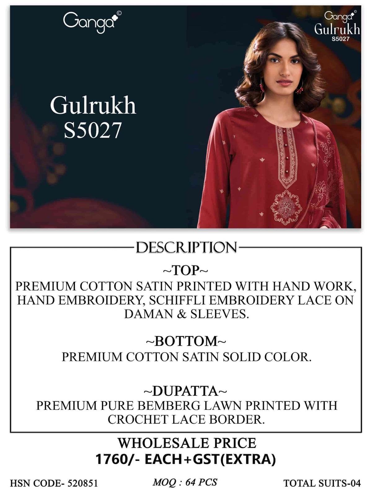Ganga Fashion Gulrukh 5027 Premium Cotton Satin Dress Material - Amrah Wholesale