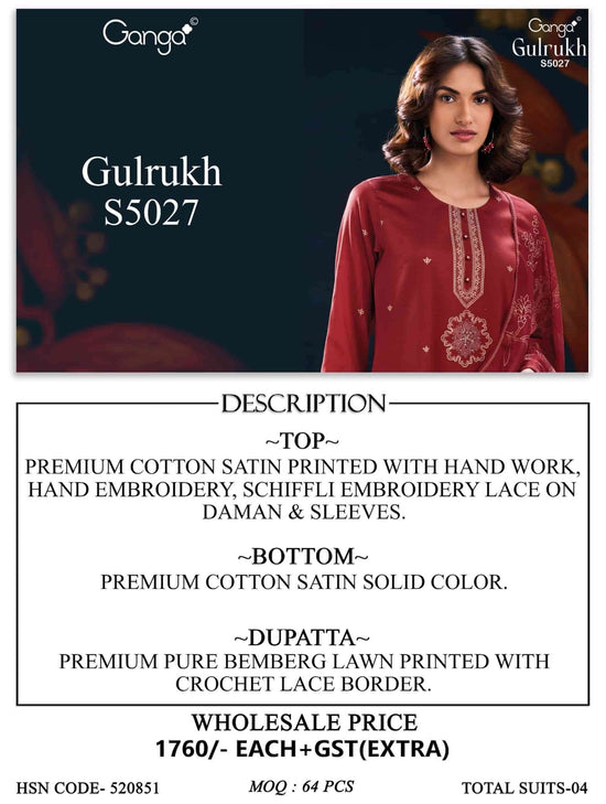 Ganga Fashion Gulrukh 5027 Premium Cotton Satin Dress Material - Amrah Wholesale