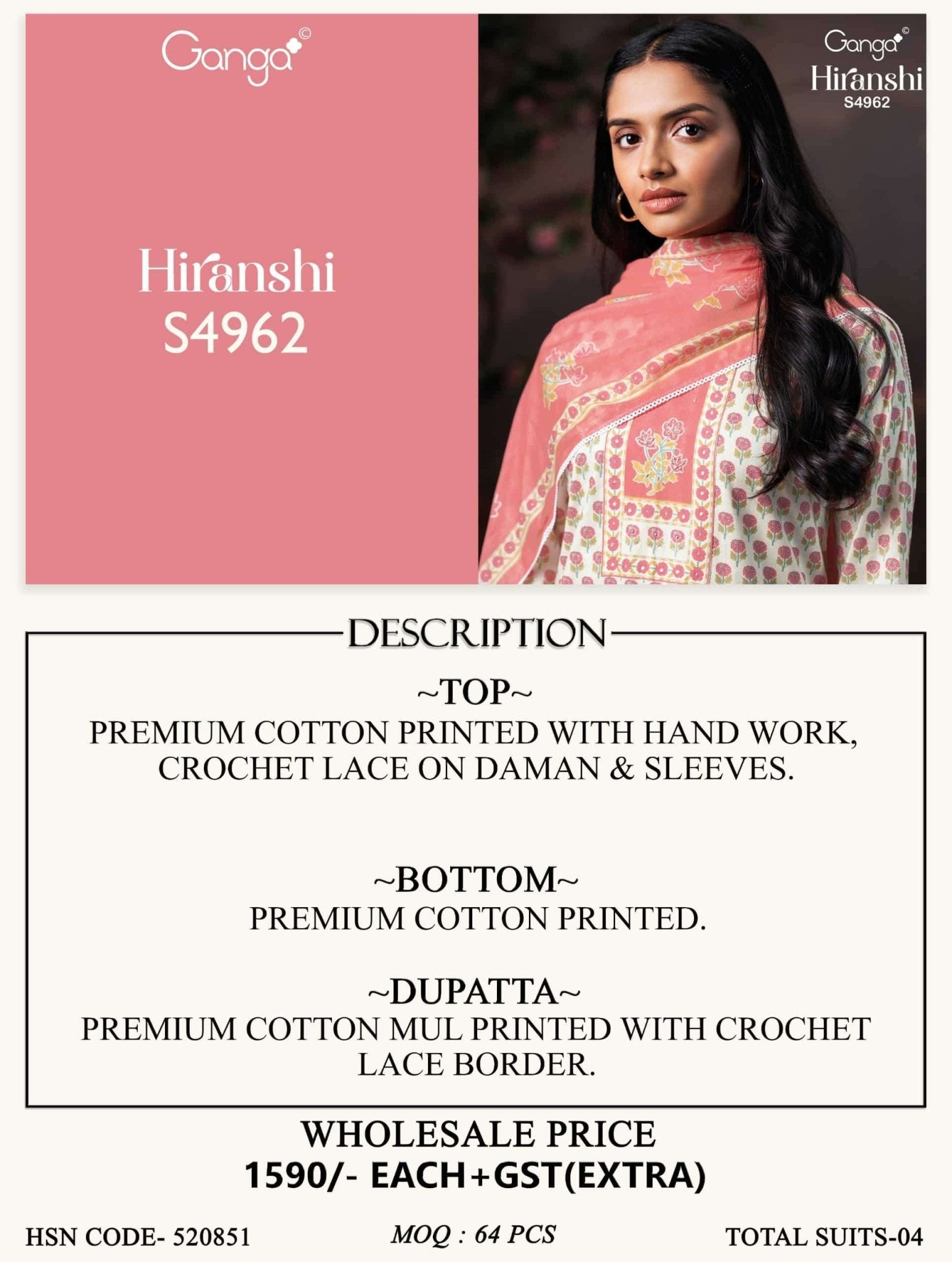 Ganga Fashion Hiranshi 4962 Premium Cotton Dress Material