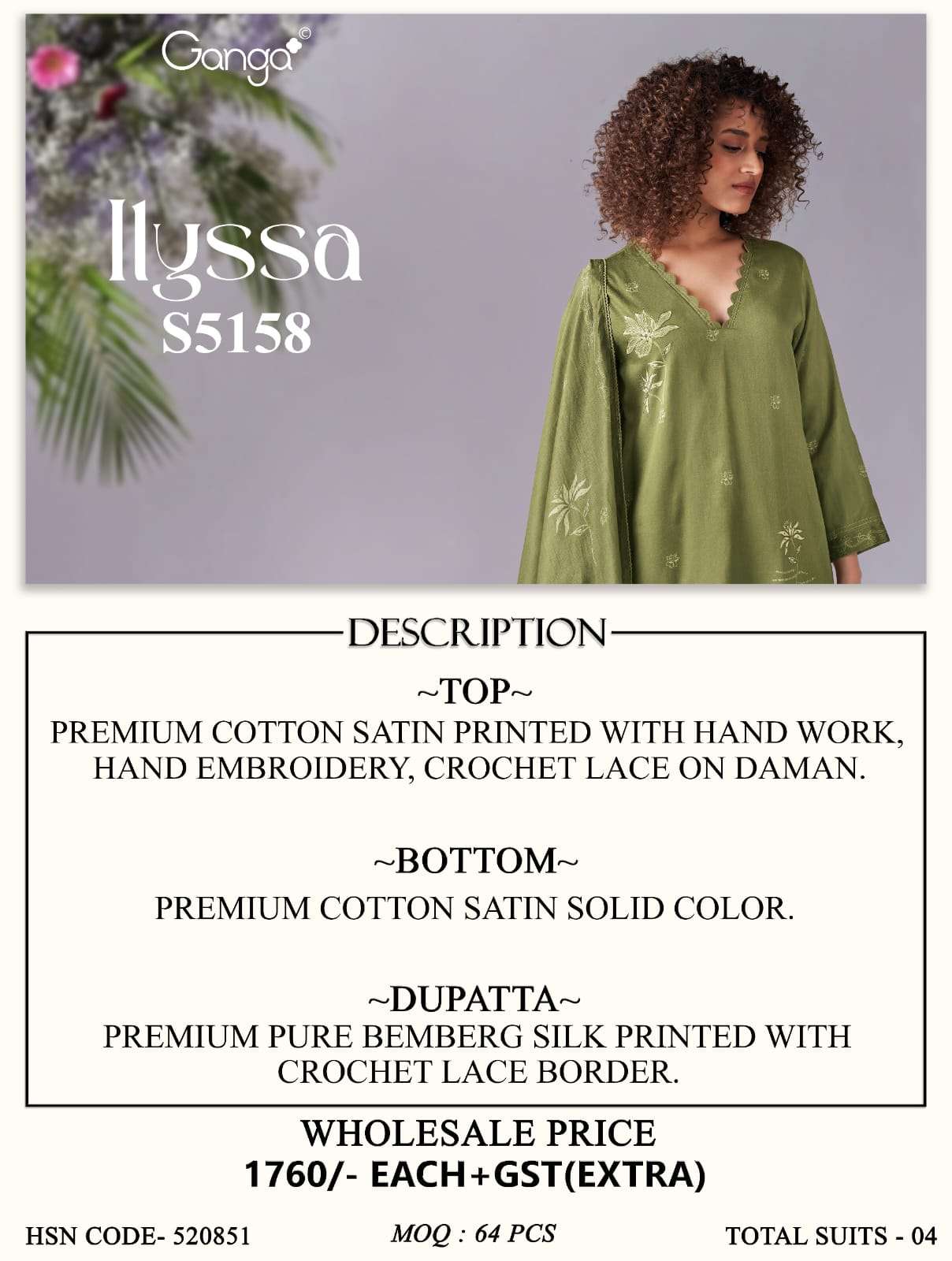 Ganga Fashion IIyssa 5158 Premium Cotton Satin Dress Material