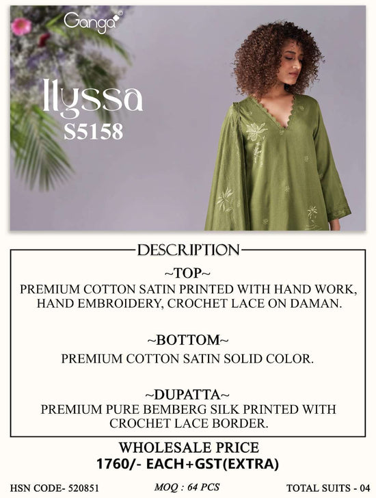 Ganga Fashion IIyssa 5158 Premium Cotton Satin Dress Material