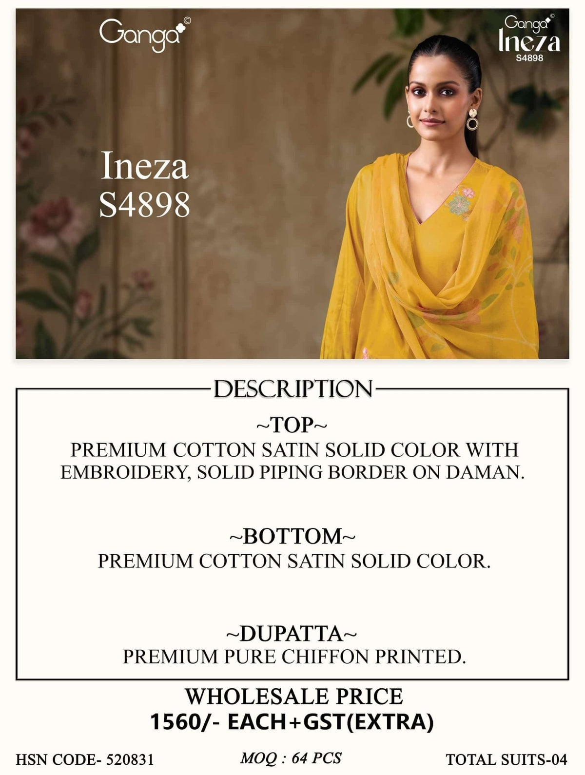 Ganga Fashion Ineza 4898 Premium Cotton Satin Dress Material - Amrah Wholesale