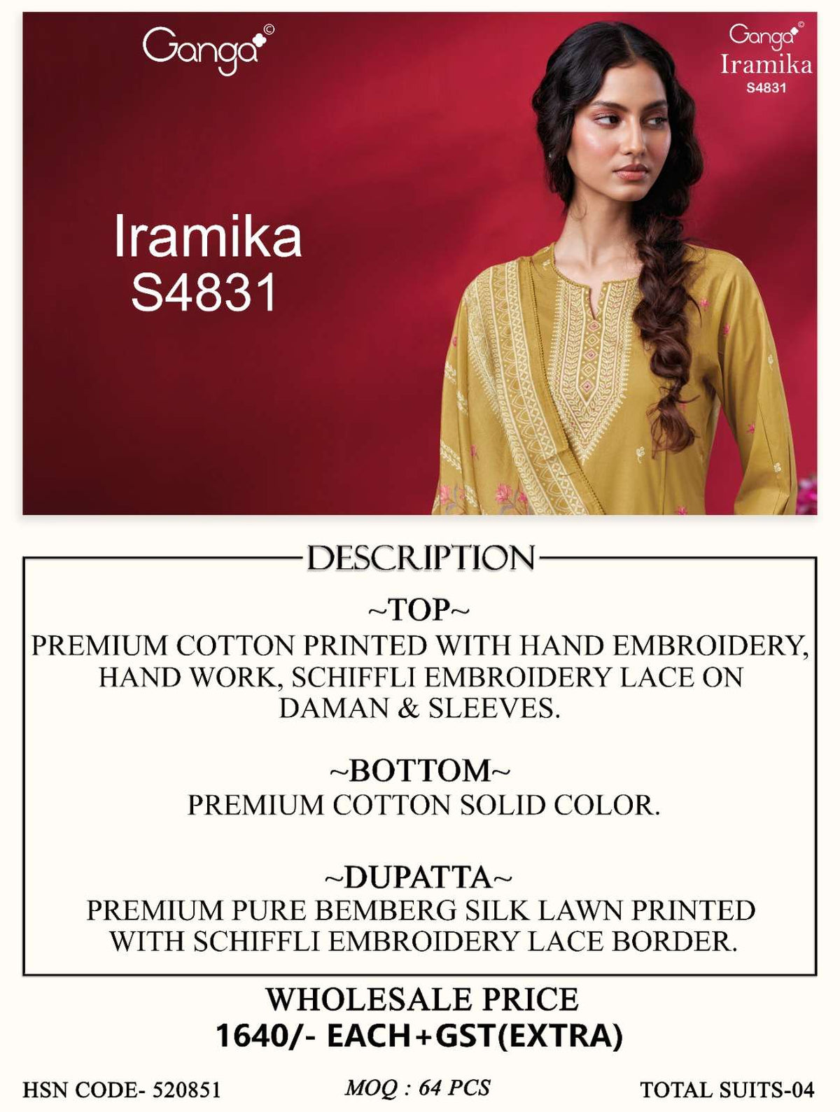 Ganga Fashion Iramika 4831 Premium Cotton Embroidered Dress Material - Amrah Wholesale