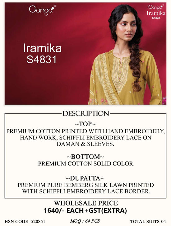 Ganga Fashion Iramika 4831 Premium Cotton Embroidered Dress Material - Amrah Wholesale