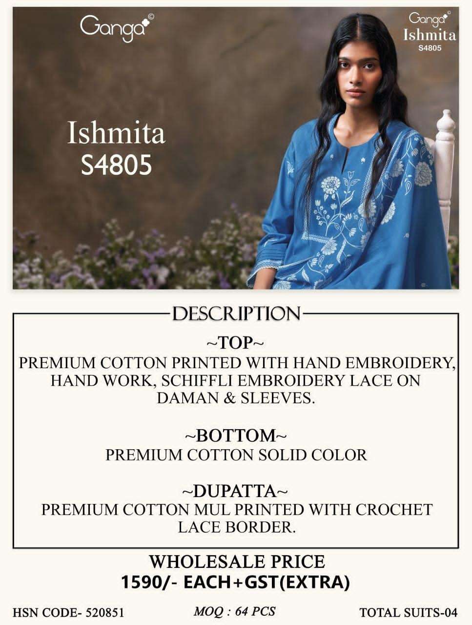 Ganga Fashion Ishmita 4805 Premium Cotton Dress Material - Amrah Wholesale