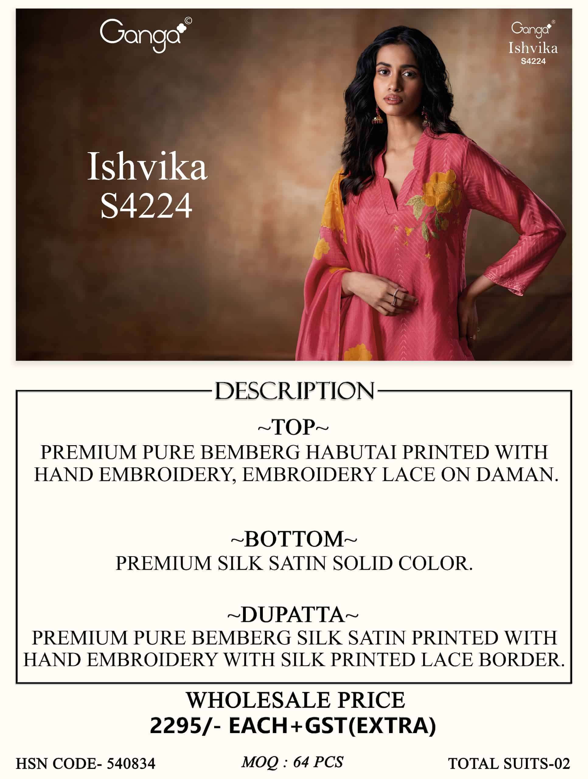 Ganga Fashion Ishvika 4224 Premium Bemberg Habutai Embroidered Salwar Suit Set