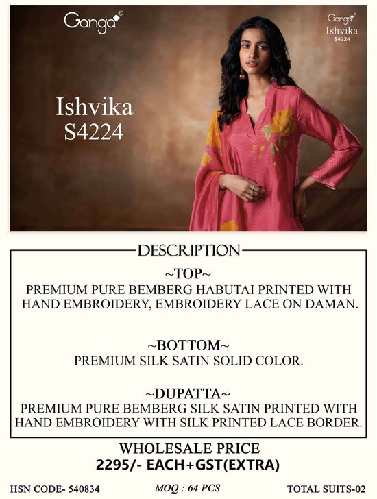 Ganga Fashion Ishvika 4224 Premium Bemberg Habutai Embroidered Salwar Suit Set