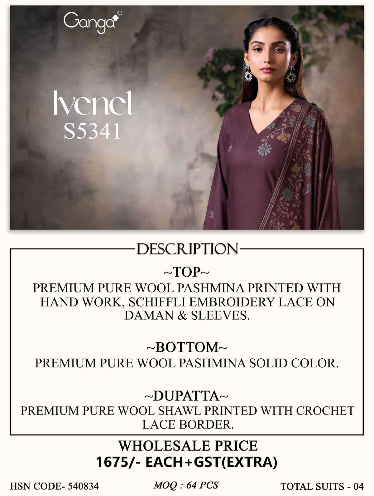 Ganga Fashion Ivenel 5341 Premium Wool Pashmina Dress Material